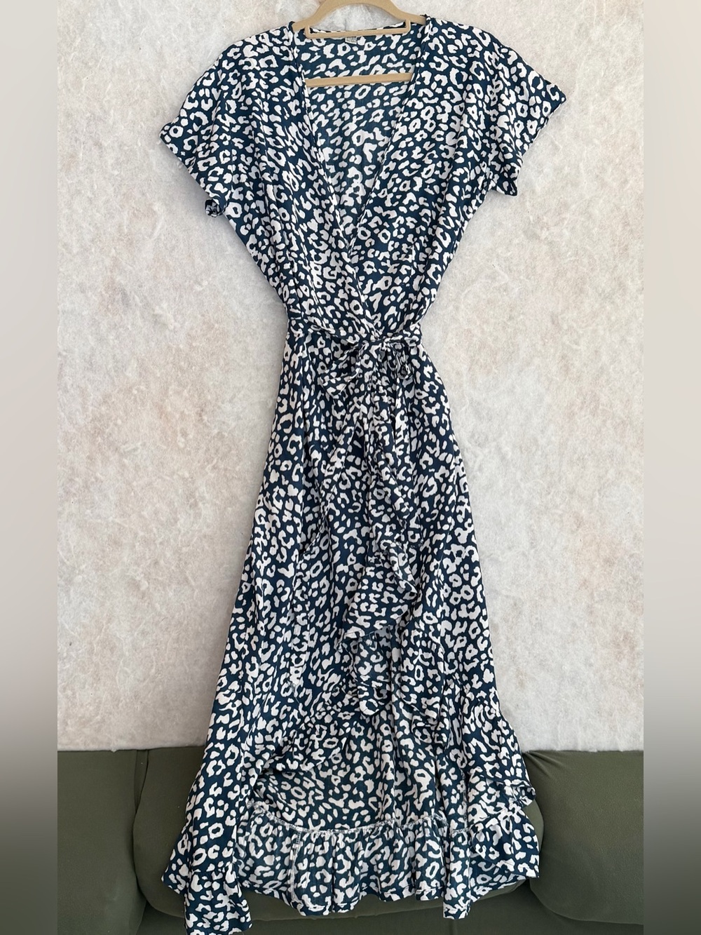 Women's Navy and White Leopard Print Wrap Maxi Dress (SKU801)